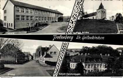 CPA Frelenberg Übach Palenberg Nordrhein Westfalen, Kirche, Schule, Schloss Zweibrüggen