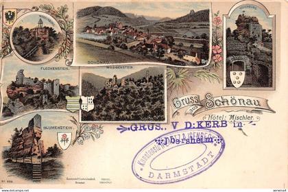 Gruss aus Schönau Hotel Mischler Wegelnburg Fleckenstein Blumenstein AK