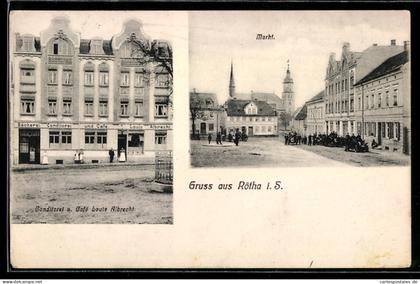AK Rötha i. Sa., Conditorei und Café Louis Albrecht, Markt