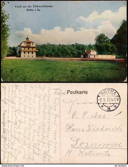 Ansichtskarte Rötha Gruß aus der Obftweinschänke 1917  gel. Feldpost