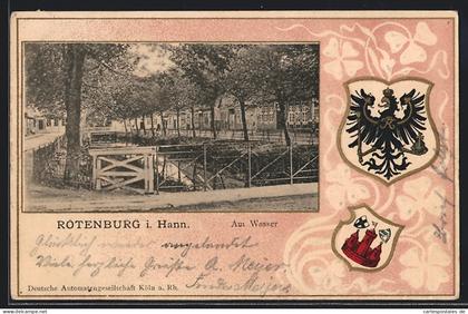 AK Rotenburg / Wümme, Partie am Wasser, Rahmen mit Wappen