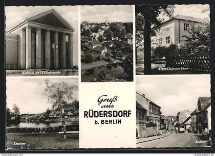 AK Rüdersdorf / Kalkberge, Klubhaus der VEB Betonwerke, Ernst Thälmann-Schule, Kesselsee, Redenstrasse
