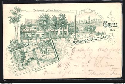 Lithographie Kalkberge-Rüdersdorf, Restaurant goldene Traube, Redenkanal, Aussichtsturm