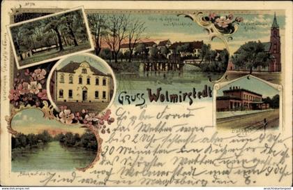 Lithographie Wolmirstedt Saxe Anhalt, Schloss, Bahnhof, St. Katharinen-Kirche, Rathaus