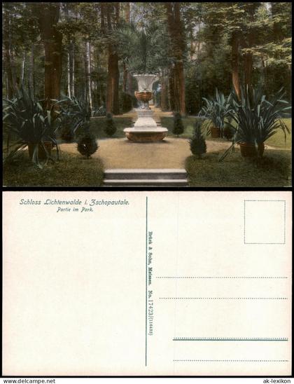 Ansichtskarte Lichtenwalde-Niederwiesa Partie im Park Statue mit Palme 1914