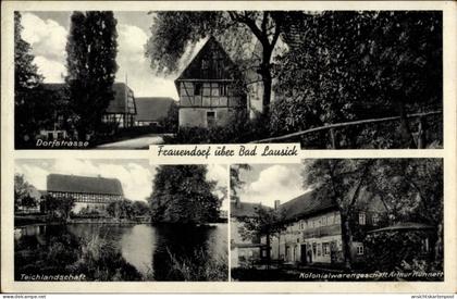 CPA Frauendorf Frohburg in Sachsen, Kolonialwarenhandlung Arthur Kühnert, Teich, Dorfstraße