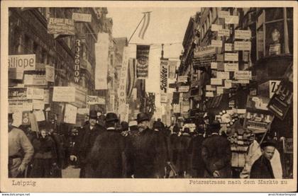 CPA Leipzig, Petersstraße nach dem Markte zu, Werbeschilder