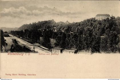 CPA Wolkenburg Kaufungen Limbach Oberfrohna Sachsen, Schloss, Bahnhof, Landschaft, Verlag Marie Be