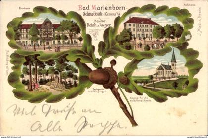 Eichenblatt Lithographie Bad Marienborn Schmeckwitz Räckelwitz Oberlausitz, Kirche, Badehaus, Kurhaus
