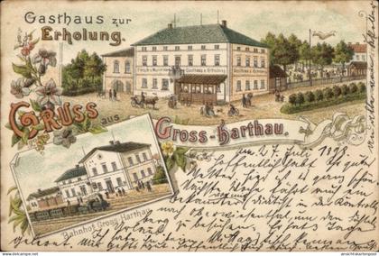 Lithographie Großharthau in Sachsen, Gasthaus zur Erholung, Bahnhof, Gleisseite
