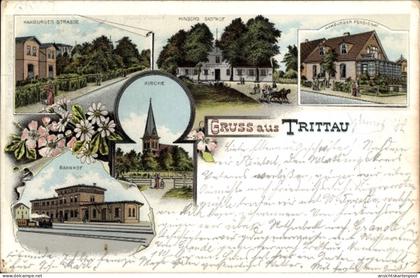 Lithographie Trittau Kr. Stormarn, Hamburger Straße, Hinsch's Gasthof, Bahnhof, Kirche