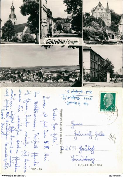 Ansichtskarte Schlettau MB: Stadt, Kirche, Straße 1969