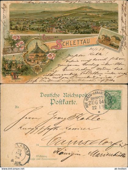 Litho AK Schlettau    Krieger-Denkmal, Hotel Bahnhof  1898    (Ankunftsstempel)