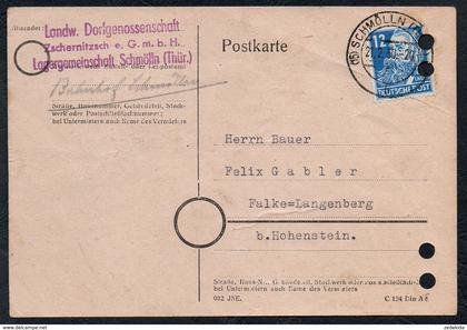 A6215 - alte Postkarte - Bedarfspost - Schmölln - Landw. Dorfgenossenschaft - nach Falke Langenberg 1950