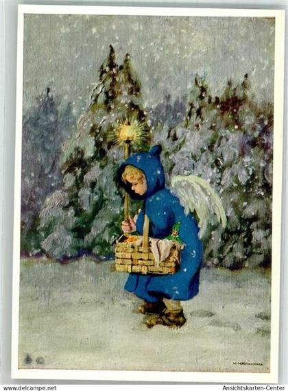 38150117 - Engel mit Geschenkekorb und Kerze im Winterwald Weihnachten Verlag Josef Mueller Nr. 5641