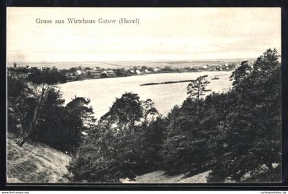 AK Gatow /Havel, Gasthaus Gatow, Flusslandschaft mit Ortspanorama