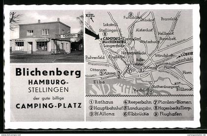 AK Hamburg-Stellingen, Camping-Platz Blichenberg mit Lebensmittelgeschäft, Landkarte mit Lokstedt, Hamm und Barmbek