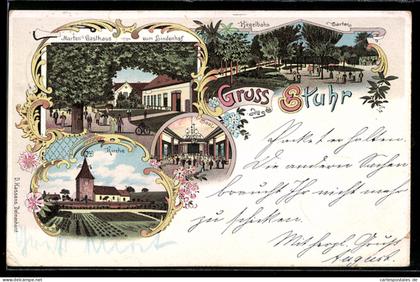 Lithographie Stuhr, Kirche, Marten's Gasthaus zum Lindenhof, Kegelbahn und Garten