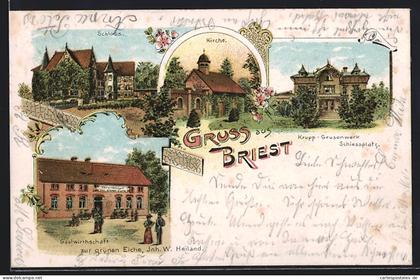 Lithographie Briest / Tangerhütte, Krupp-Grusonwerk, Schiessplatz, Gasthaus zur grünen Eiche, Schloss