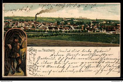 Lithographie Teuchern, Bergarbeiter und Totalansicht