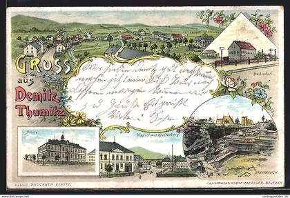 Lithographie Demitz-Thumitz, Bahnhof, Steinbruch, Schule, Viadukt mit Klosterberg