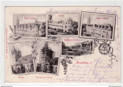39016201 - Lithographie Stadtilm mit Eisenbahnbruecke, altes Schloss, Ruine, neues Schloss, Kirche, kirche mit Geruest.