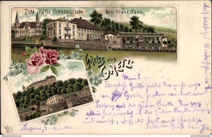 Lithographie Greiz im Vogtland, Zum Hotel Hirschstein, Schloss