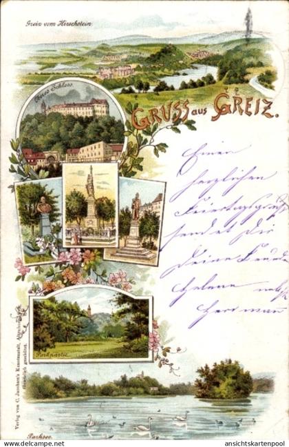 Lithographie Greiz Thüringen, Blick vom Hirschstein, Oberes Schloss, Parkpartie, Parksee