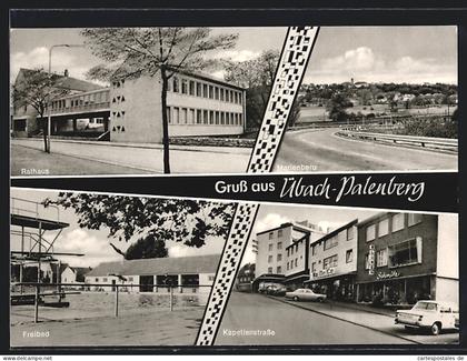 AK Übach-Palenberg, Kapellenstrasse mit Blumen Schmitz, Rathaus, Freibad
