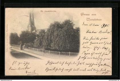 AK Wanzleben, Jacobikirche mit Strasse