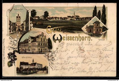 Lithographie Weissenhorn, Gasthof Weissenhorn-Bräuhaus, Altes Schloss, Unteres Thor