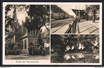 AK Werneuchen, Blick auf den Bahnsteig mit Zug, Kirche, Teich mit Bank