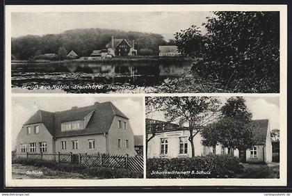 AK Nöblin-Steinhöfel, Gasthaus B. Schulz, Schule und Steinhöfler See