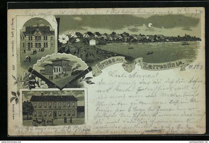 Mondschein-Lithographie Zarrentin i. M., Hotel Stadt Hamburg, Bahnhof und Postamt