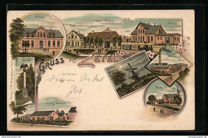 Lithographie Zetel, Hotel Hemken, Meynen`s Weberei, Theilens Mühle