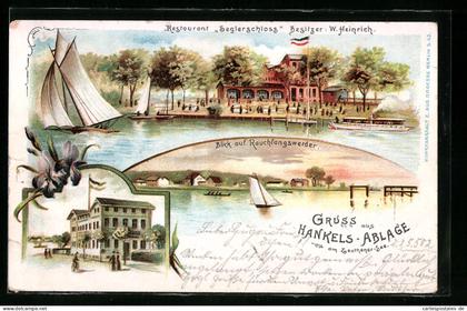 Lithographie Zeuthen, Restaurant Seglerschlosss, Ortsansicht Rauchfangswerder vom See aus, Hankels Ablage
