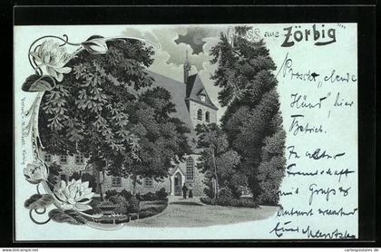 Lithographie Zörbig, Partie an der Kirche