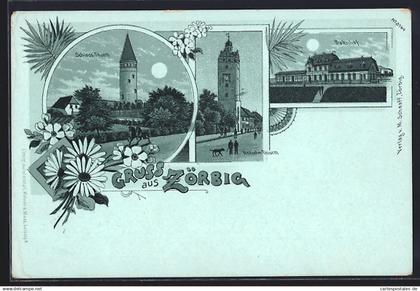 Mondschein-Lithographie Zörbig, Schloss-Turm, Hallischer-Turm, Bahnhof