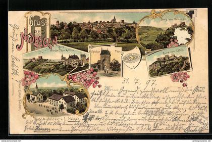 Lithographie Nideggen, Hotel-Restaurant von L. Heinen, Zülpicher Thor