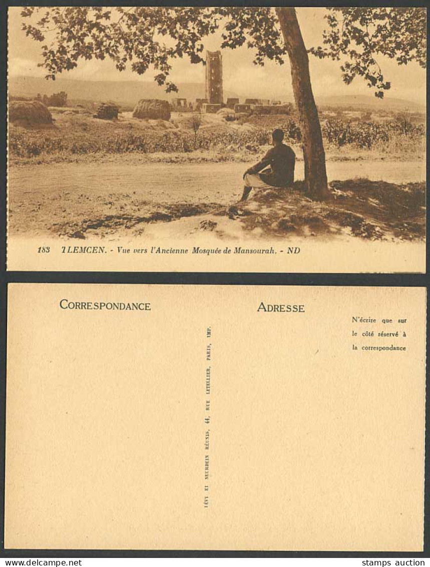 Algeria Old Postcard TLEMCEN Ancienne Mosquee de Mansourah Ruins Mosque Man Tree