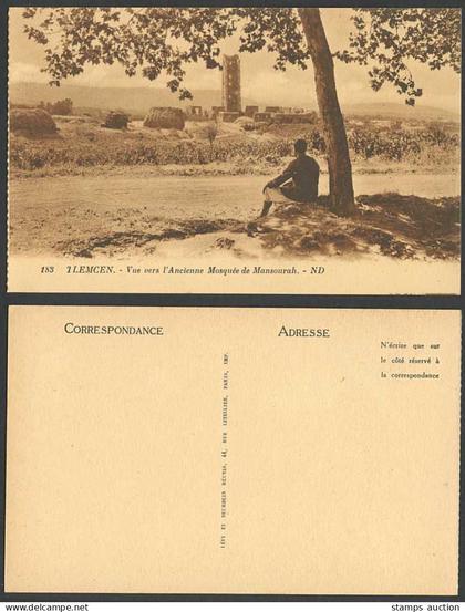 Algeria Old Postcard TLEMCEN Ancienne Mosquee de Mansourah Ruins Mosque Man Tree