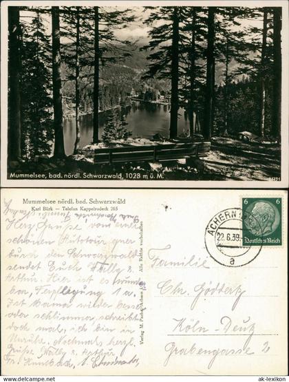 Ansichtskarte Achern Mummelsee Parkbank im Wald 1939