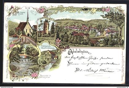 Lithographie Adelsheim, Elektrizitätswerk, Wasserfall im Schlossgarten, St. Jakobs Kirche