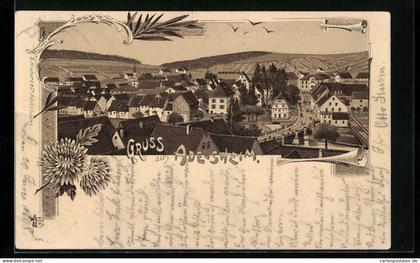 Lithographie Adelsheim, Ortsansicht aus der Vogelschau, Florale Elemente