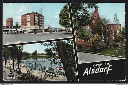 AK Alsdorf / Rheinl., Denkmalplatz, Burg, Freibad