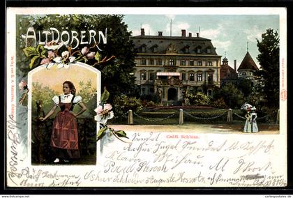 AK Altdöbern, Gräfl. Schloss, Mädchen in Tracht