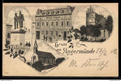 AK Angermünde, Kaiserl. Postamt, Kath. Kirche und Denkmal