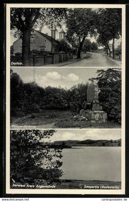 AK Serwest /Angermünde, Dorfstrasse, Kriegerdenkmal, Seepartie Badestelle