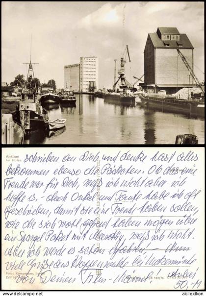 Ansichtskarte Anklam Hafenpartie Kräne und Speicher 1976