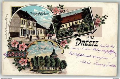 18249 O2621 Dreetz b Bützow 1910 Lithographie Gutshof Dorfkirche Gasthau... - 13665857